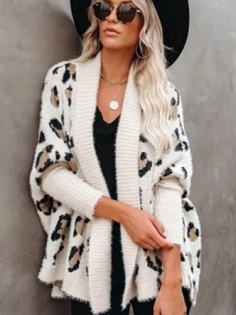 Women's leopard Soft Chunky Knit Sweater Open Front Cardigans Outwear Coat